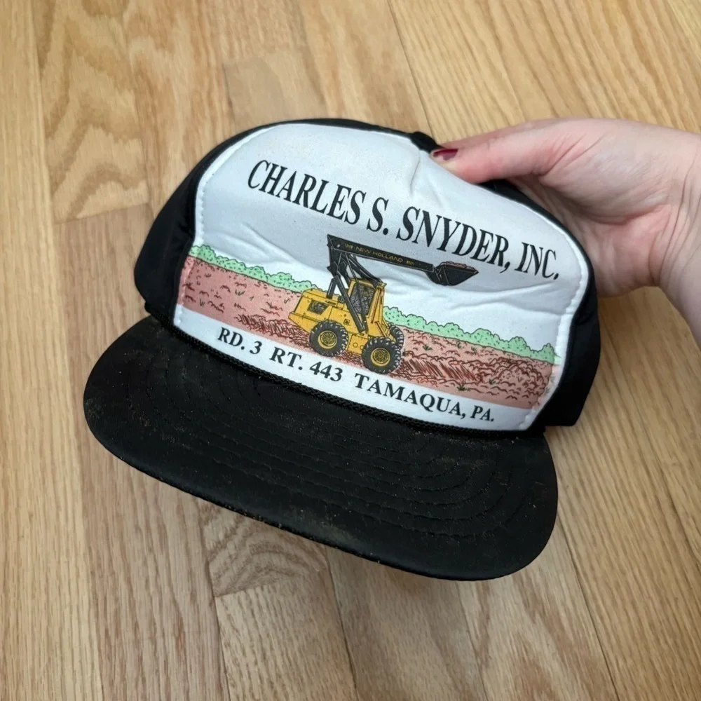 Vintage New Holland Skid Loader Puffy SnapBack Trucker Hat Black Agriculture 90s